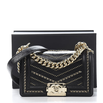 Chanel Calfskin Crystal Studded Chevron Small Boy Flap Black 12 of 12