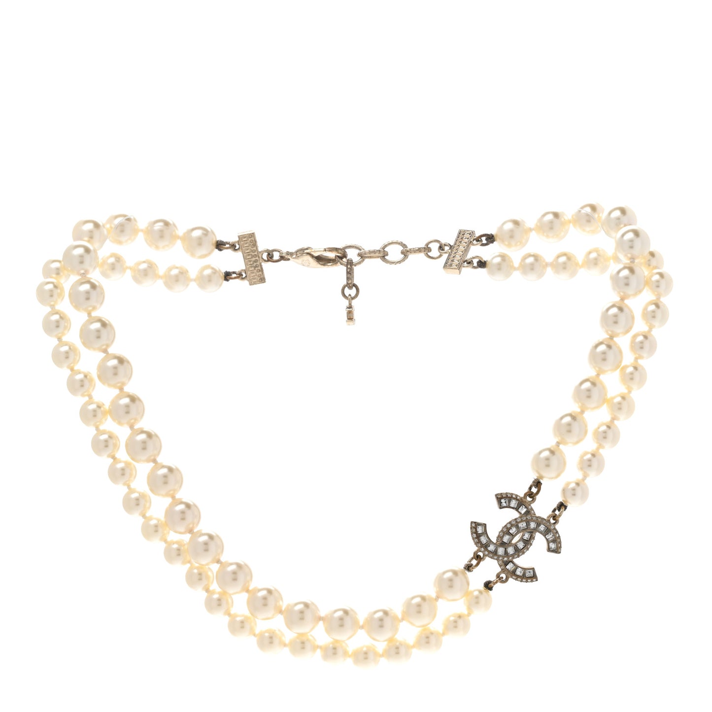 Baguette Crystal Pearl CC Double Strand Necklace Gold
