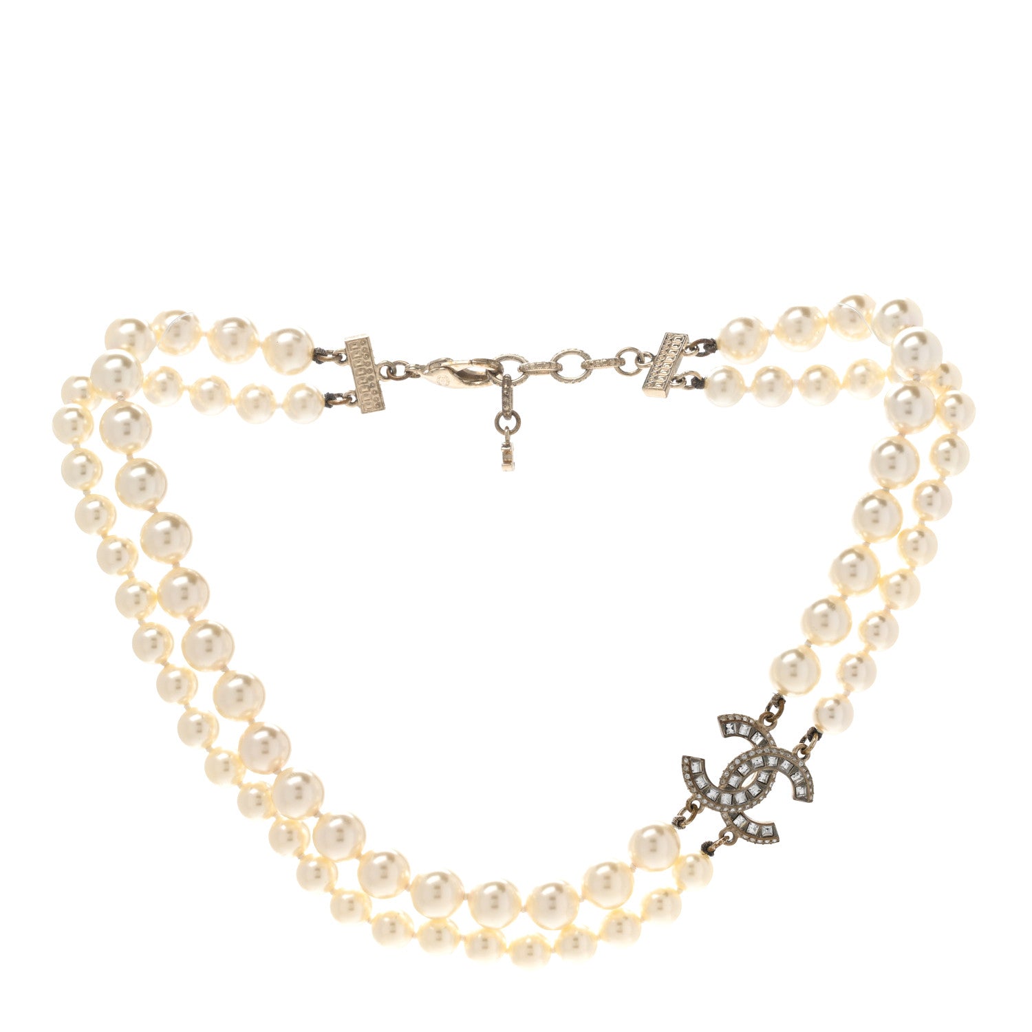 Chanel Baguette Crystal Pearl CC Double Strand Necklace Gold 3 of 9