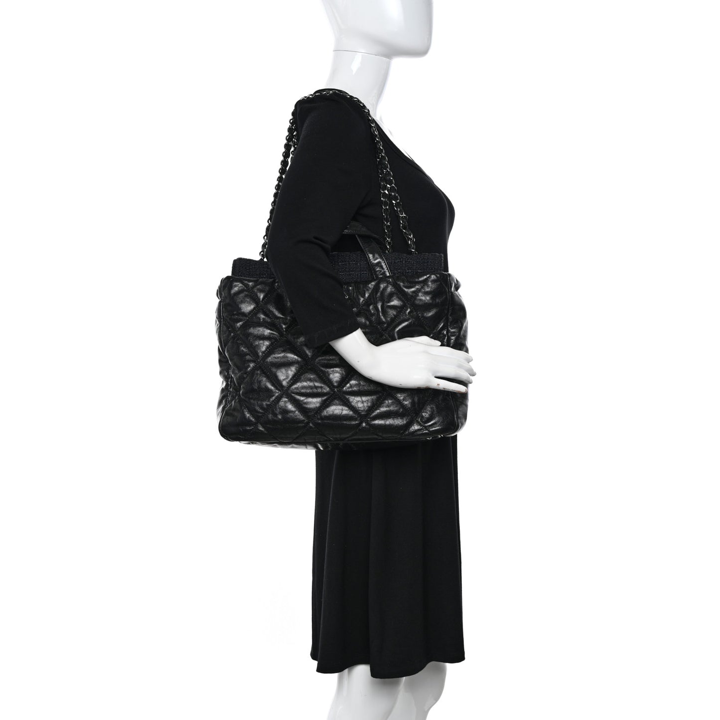 Glazed Calfskin Quilted Tweed Portobello Tote Black