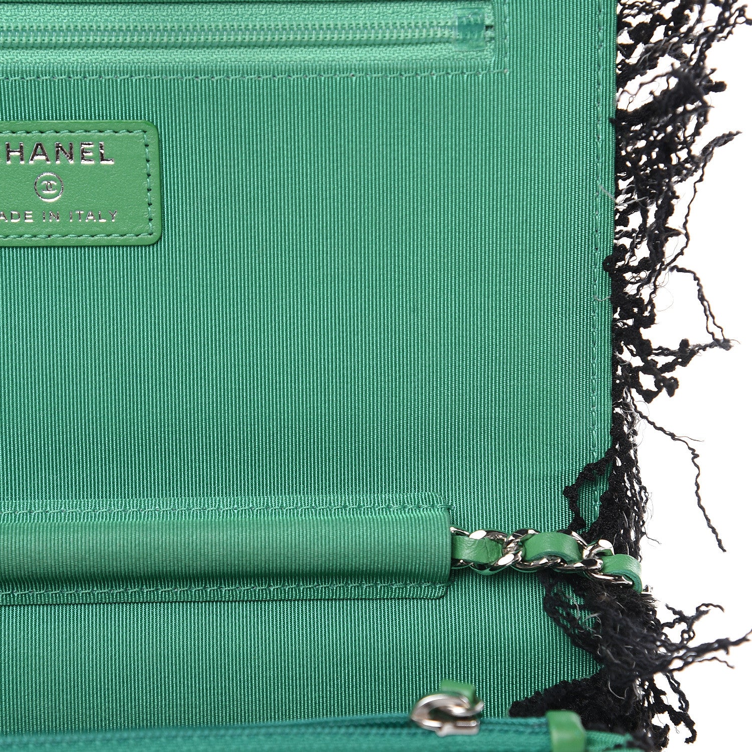 Chanel Tweed Fringe Wallet On Chain WOC Black Green 10 of 11