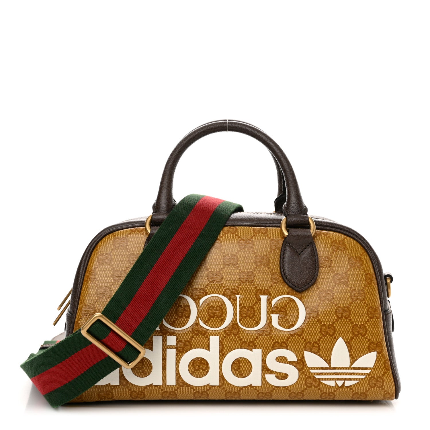 Gucci X ADIDAS Crystal Vintage Monogram Textured Dollar Calfskin Web Trefoil Logo Mini Bowling Bag Mid Natural Nut Off White New Acero 1 of 11