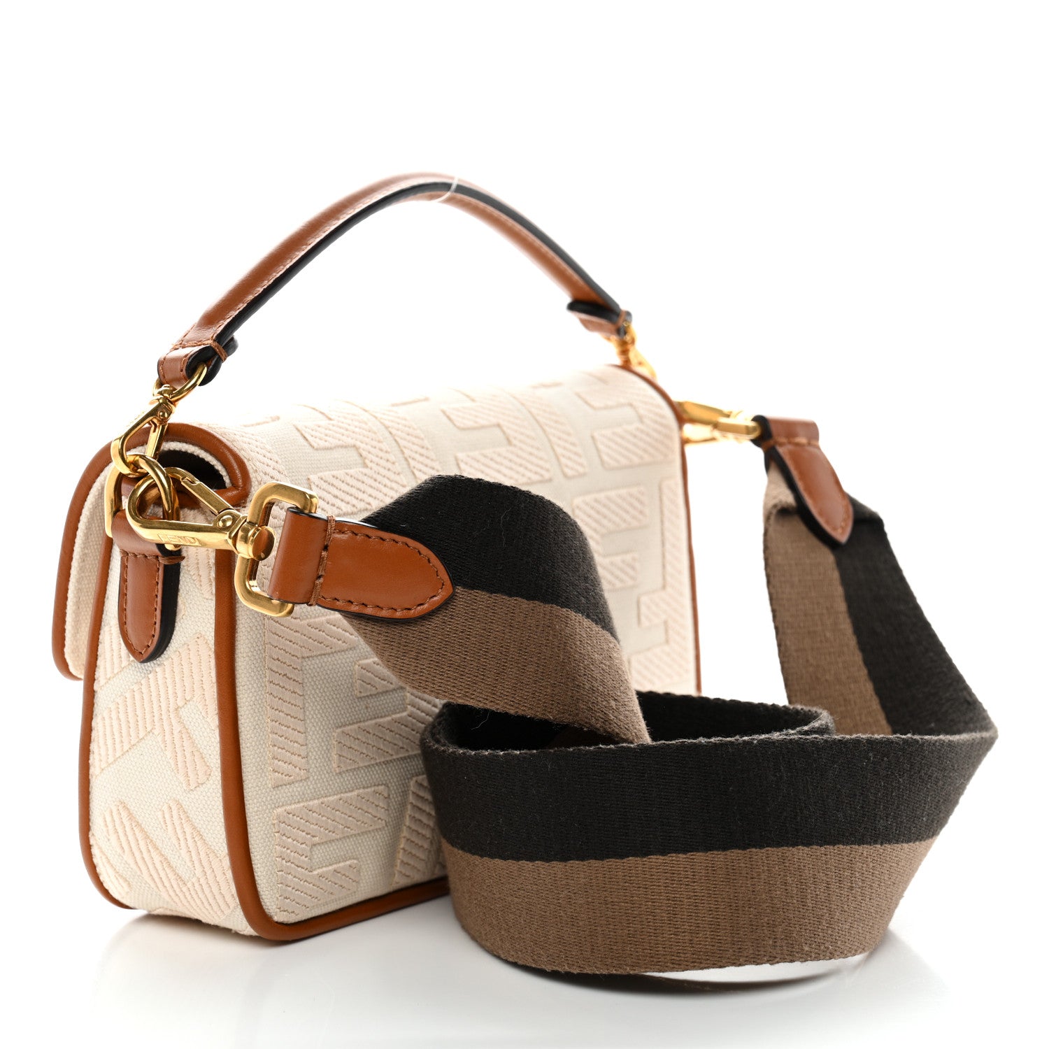 Fendi Canvas Vitello King Bi-Color Strap FF Embroidered Mini Baguette Grezzo Brandy Cuoio 2 of 9