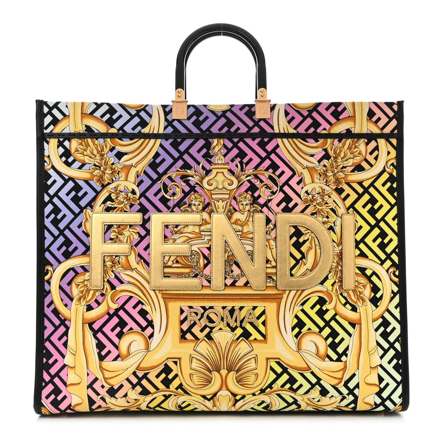 X VERSACE Canvas Printed Plexiglass Fendace FF Baroque XL Fendi Sunshine Shopper Tote Gold
