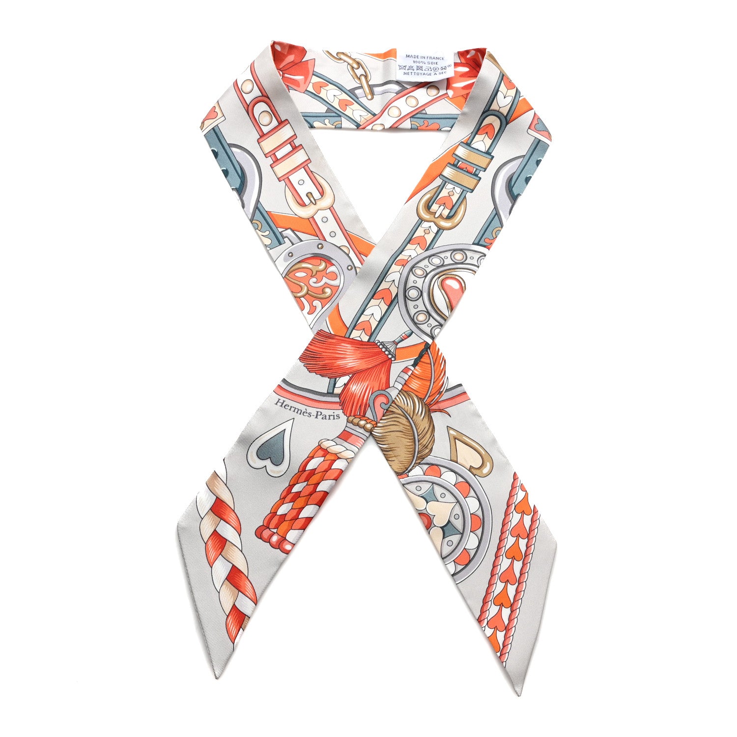 Hermes Silk Harnais De Coeur Twilly Gris Perle Orange Gris Bleute 1 of 3