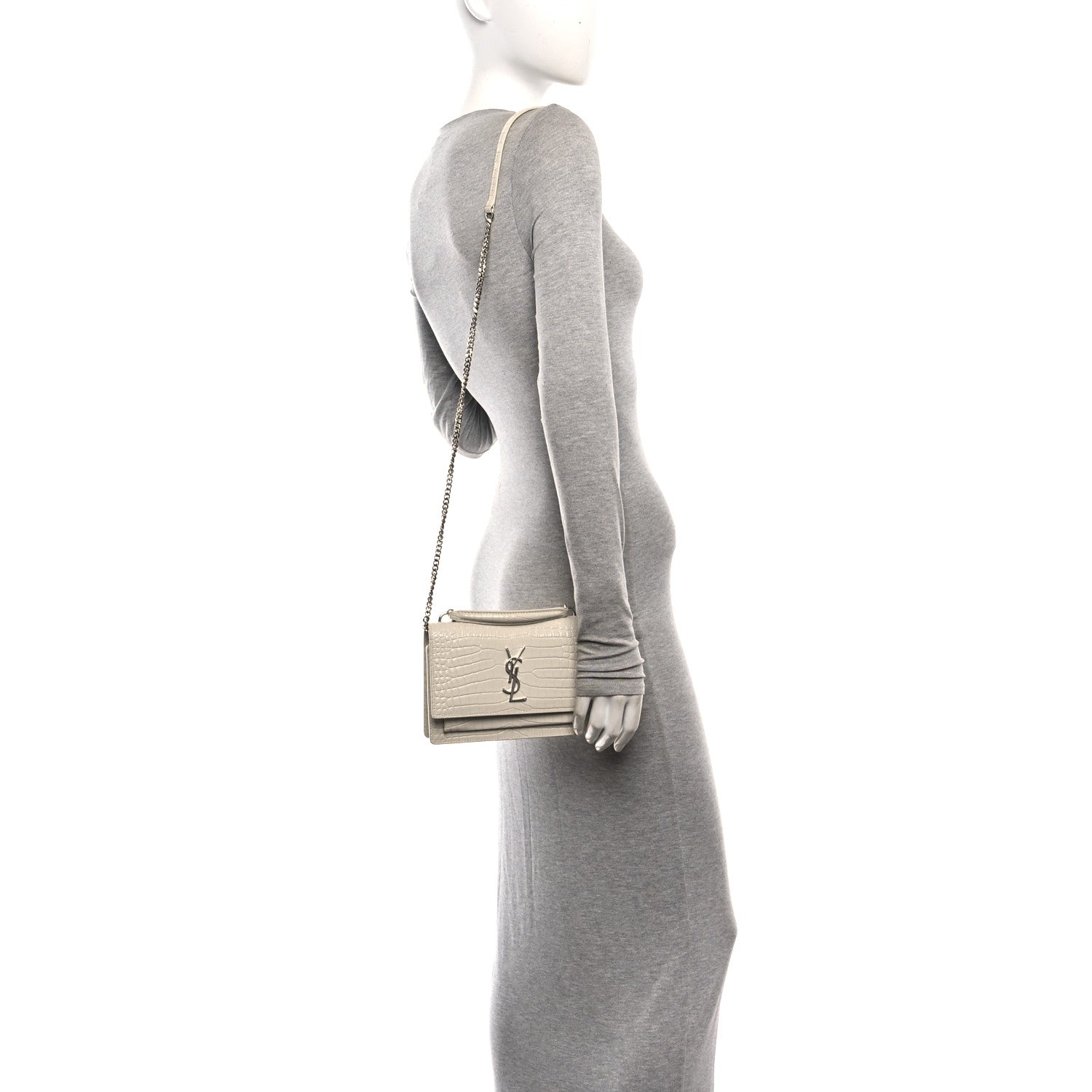 Saint Laurent Calfskin Crocodile Embossed Monogram Sunset Chain Wallet Blanc Vintage 2 of 9