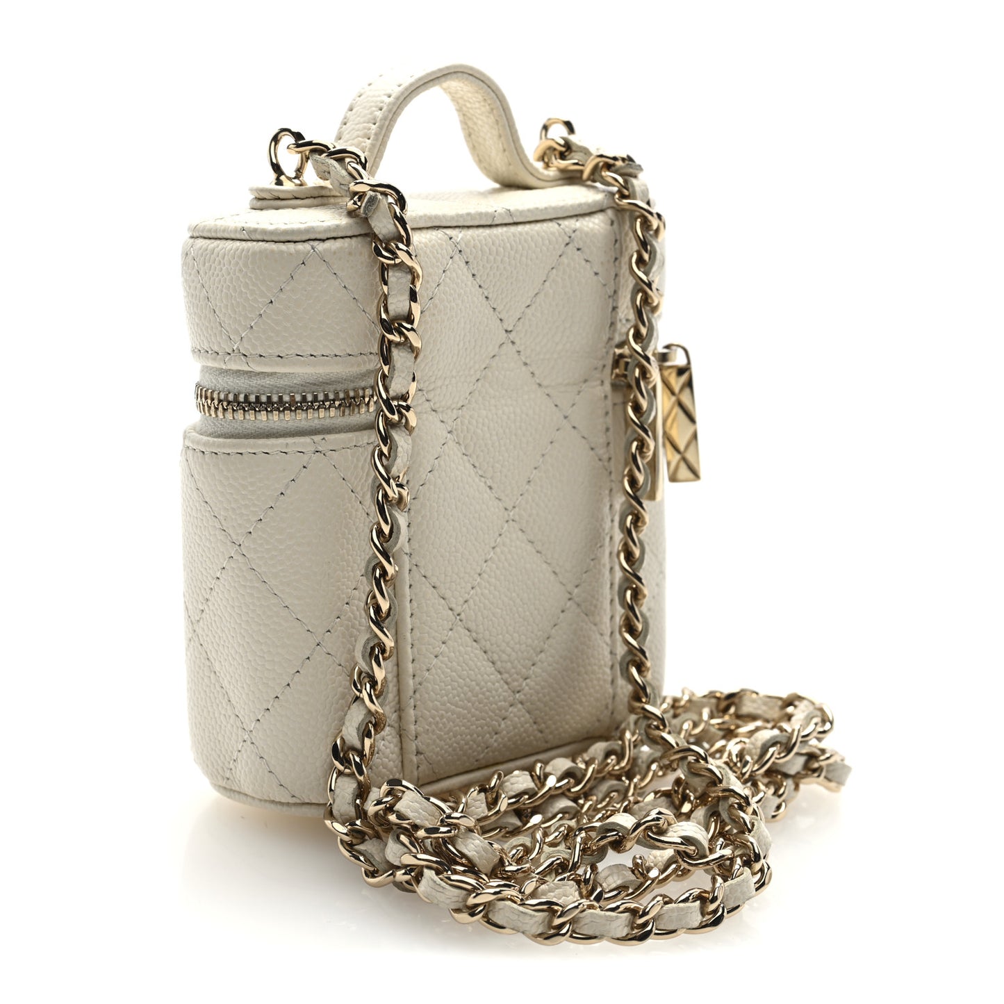 Caviar Quilted Small Handle With Care Vanity Case With Chain White