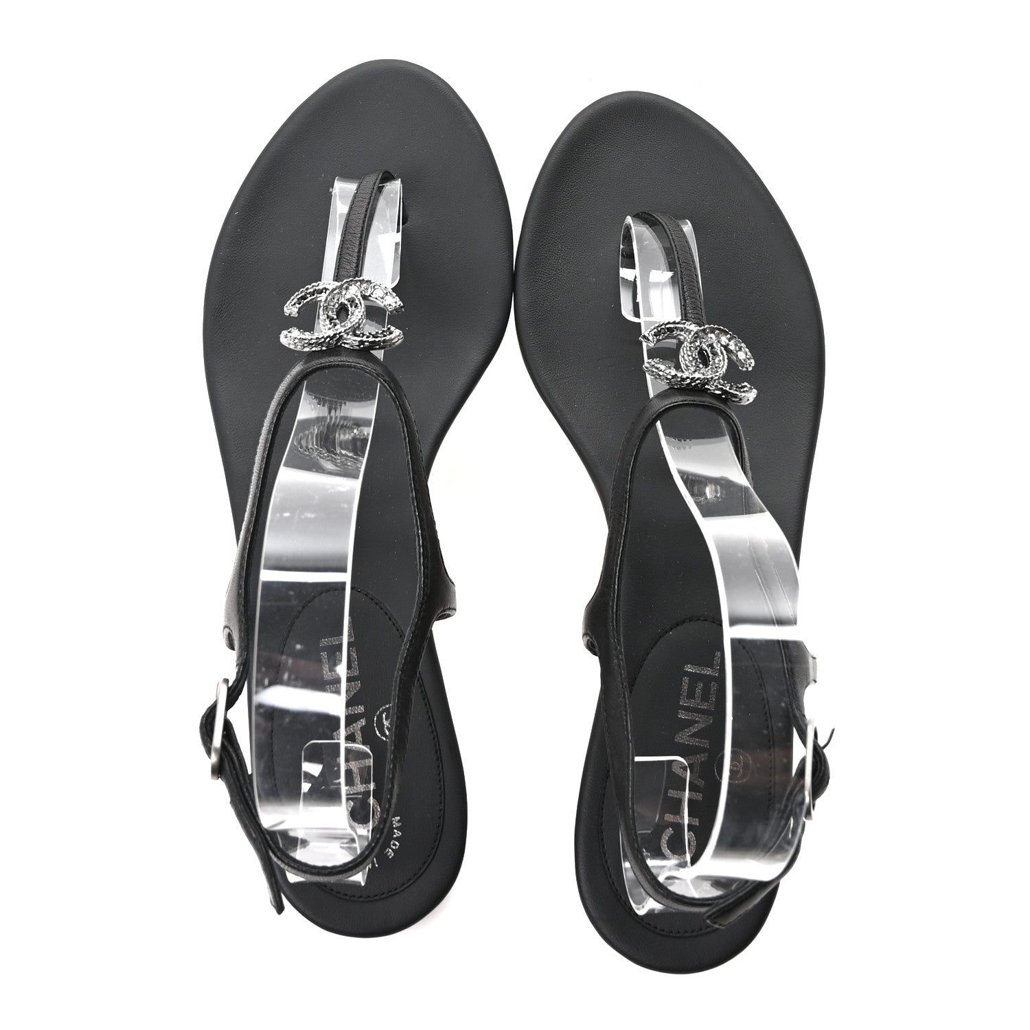 Chanel Lambskin Crystal CC Thong Sandals 38 Black 2 of 9