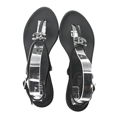 Chanel Lambskin Crystal CC Thong Sandals 38 Black 2 of 9