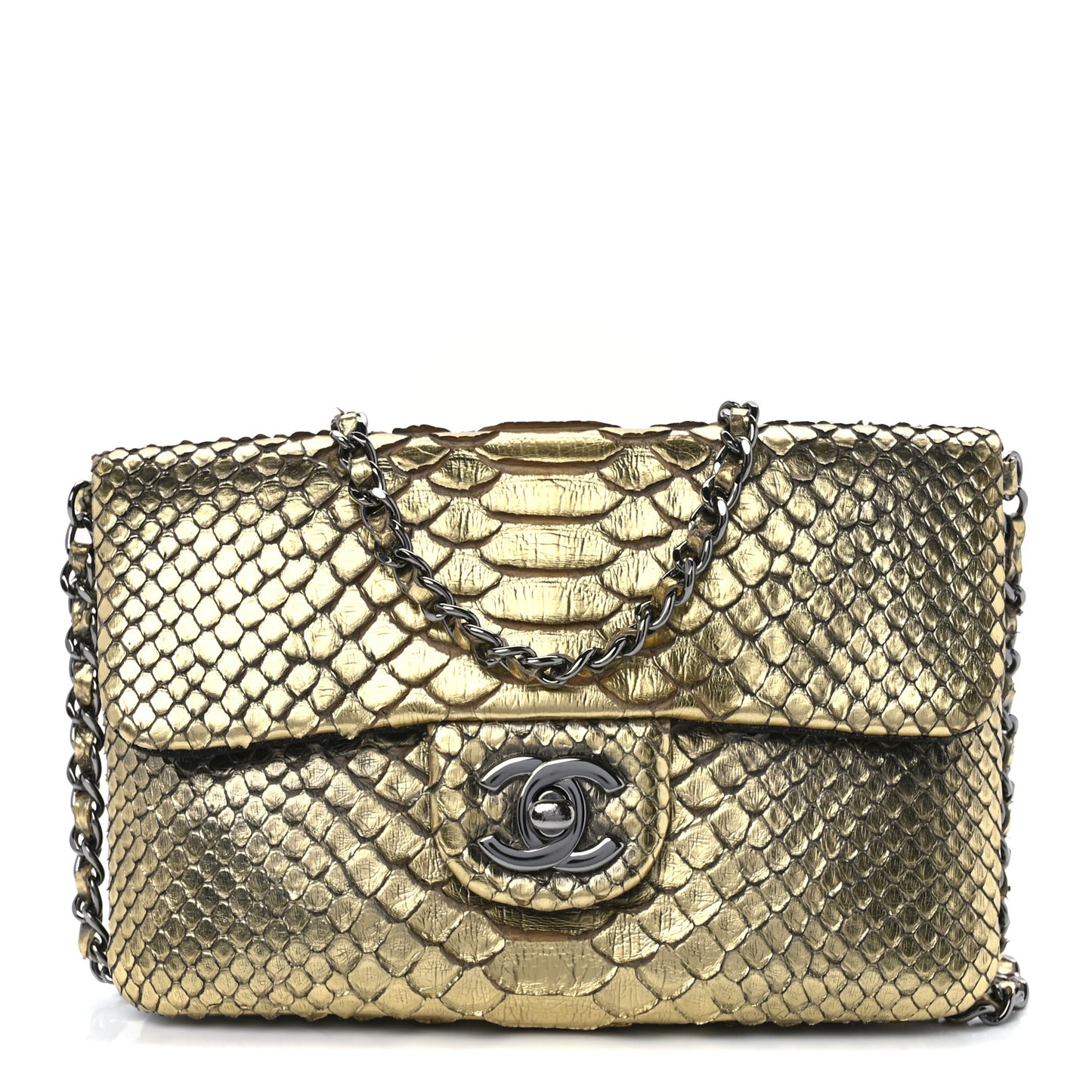 Metallic Snakeskin Flap Bag Gold