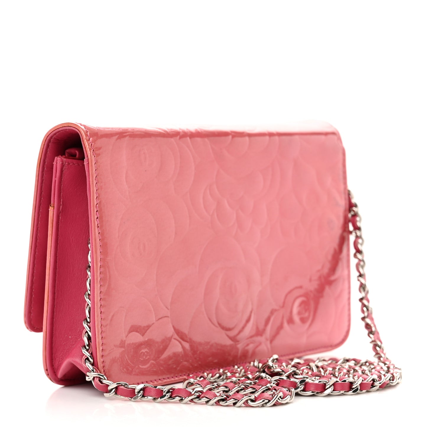 Patent Camellia Embossed Wallet on Chain WOC Rose