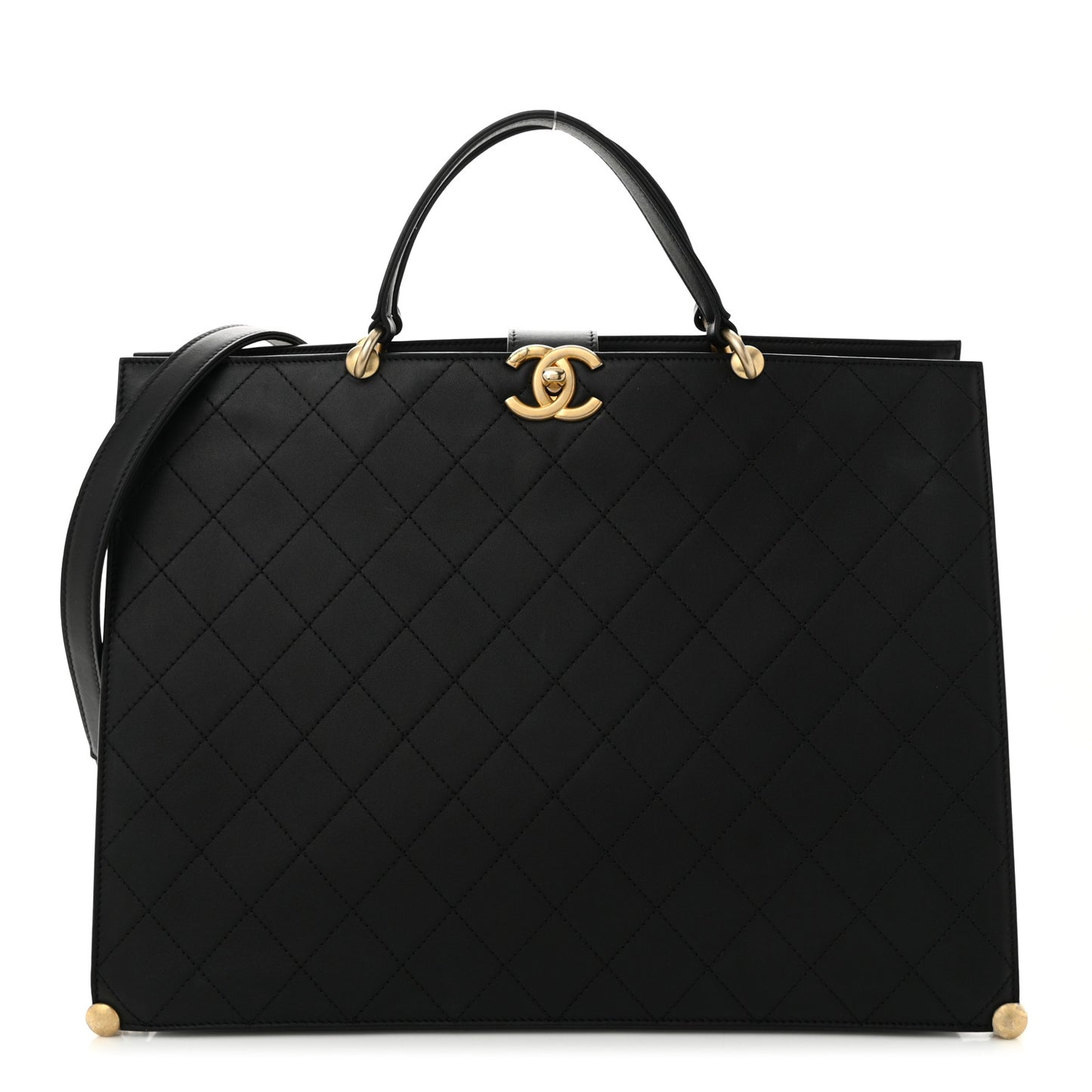 Calfskin Stitched Large Shopping Tote Bag Black