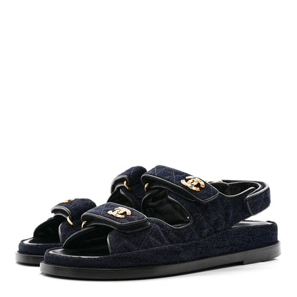 Chanel Velvet Velcro Dad Sandals 37.5 Navy Blue 3 of 9