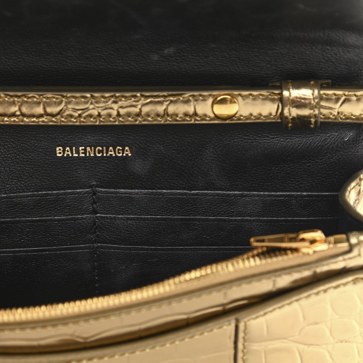 Metallic Calfskin Crocodile Embossed Hourglass Chain Bag Gold