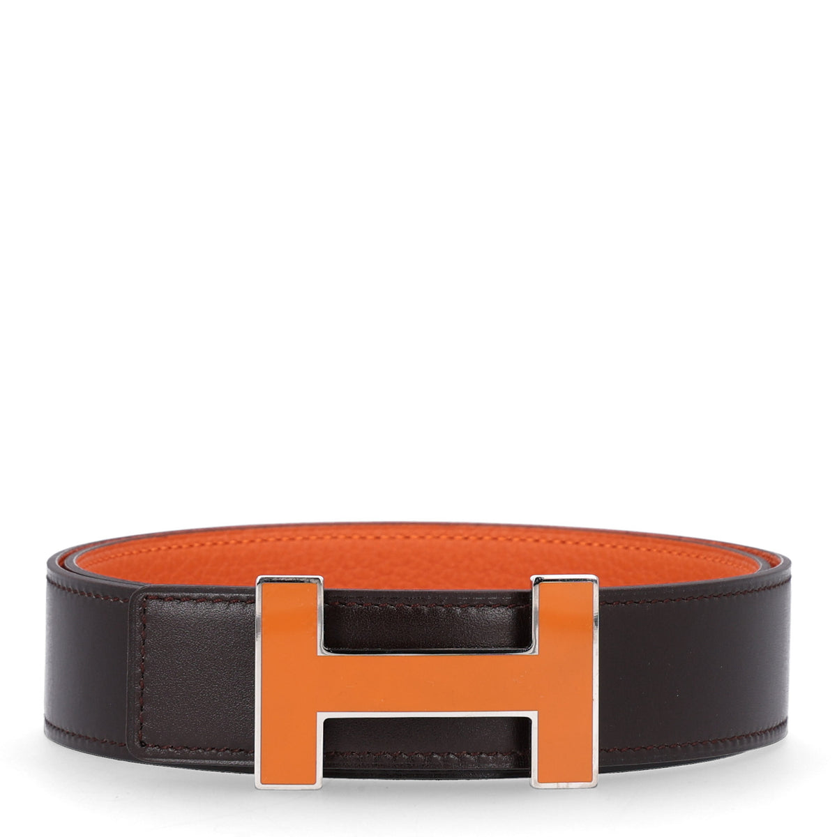 Hermes Box Togo 32mm Enamel Quizz H Belt 80 32 Chocolate Orange 1 of 7