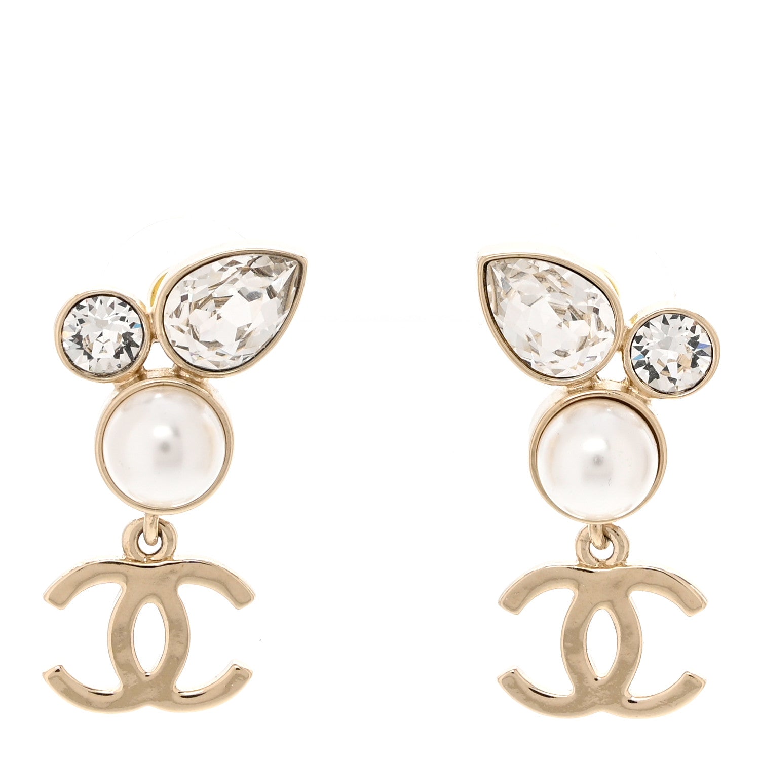 Chanel Pearl Crystal CC Drop Earrings Gold 1 of 5