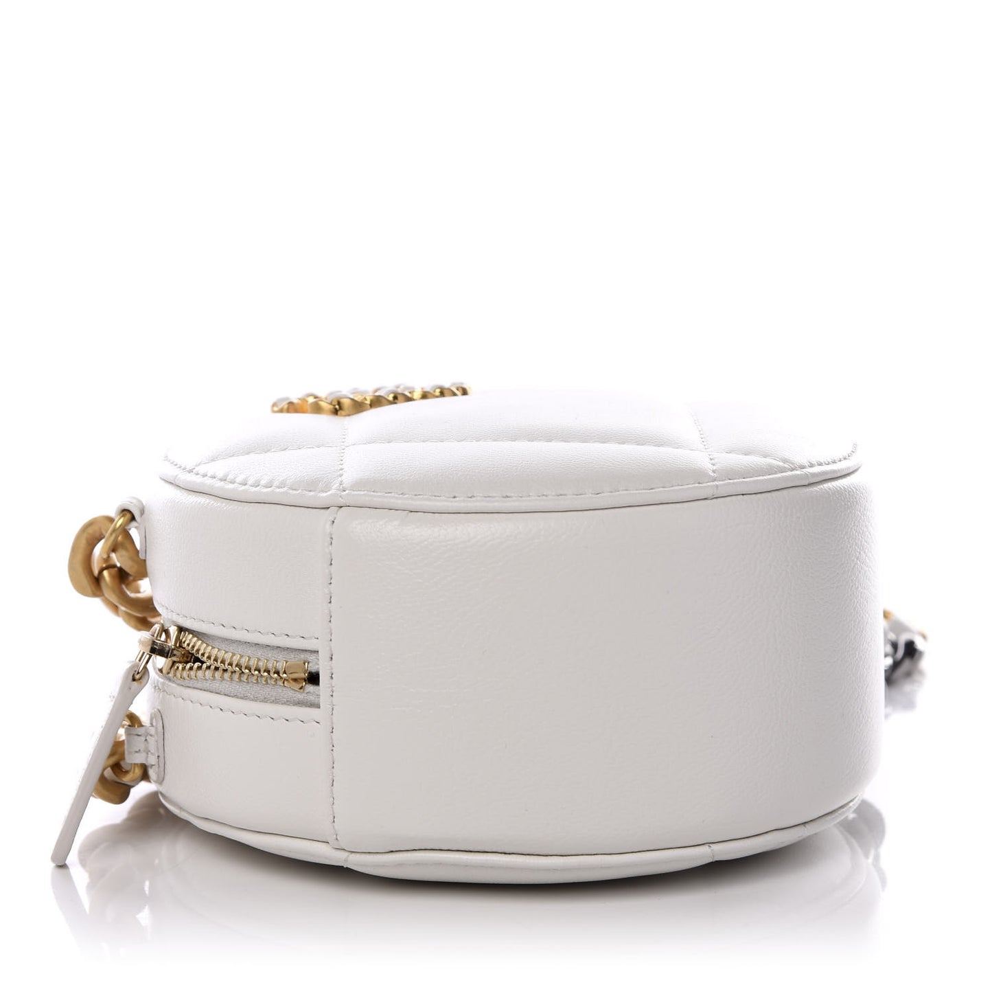 Goatskin Quilted 19 Round Clutch With Chain White