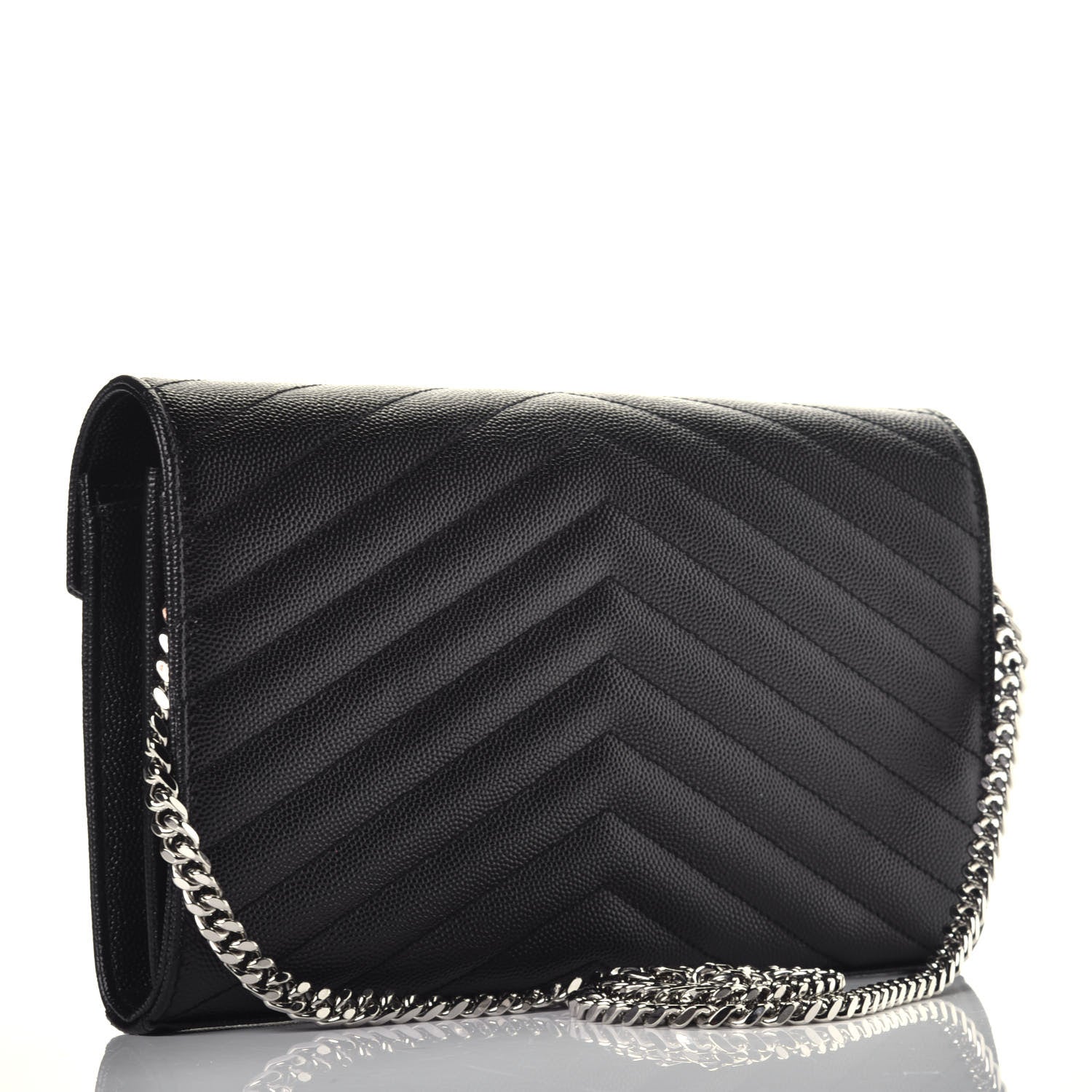 Saint Laurent Grain De Poudre Matelasse Chevron Monogram Chain Wallet Black 3 of 10