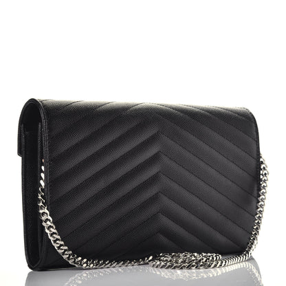 Saint Laurent Grain De Poudre Matelasse Chevron Monogram Chain Wallet Black 3 of 10