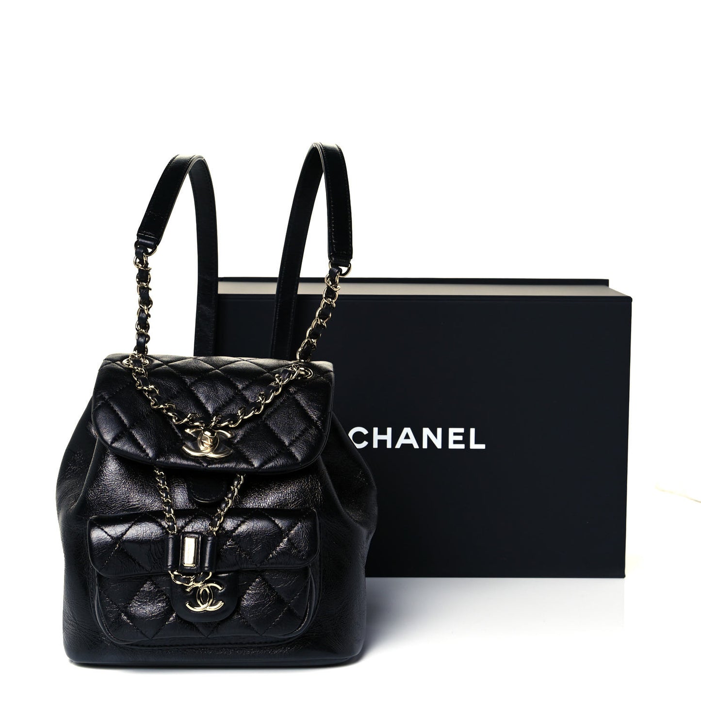 Glazed Aged Calfskin Quilted Small Duma Drawstring Backpack Black