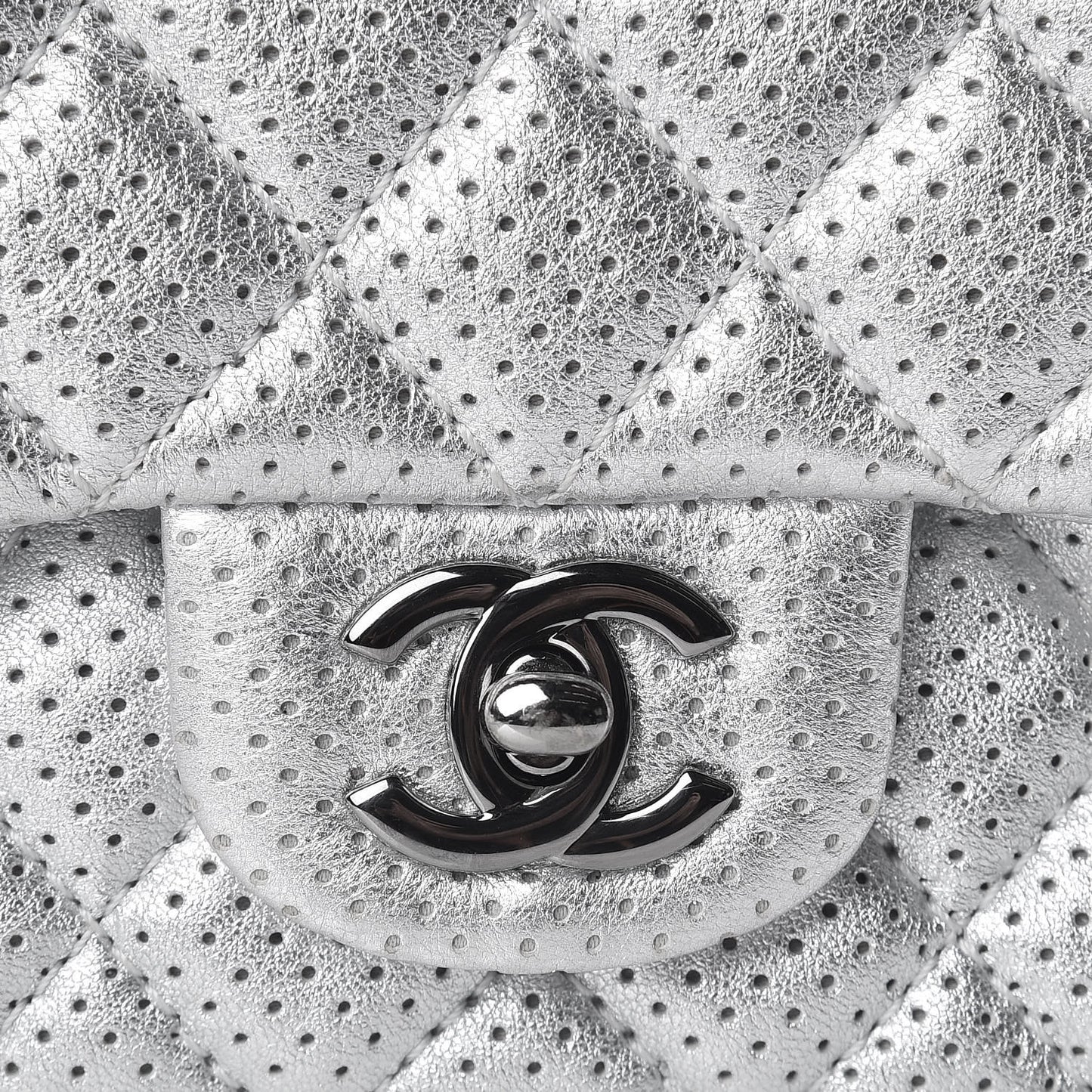 Metallic Lambskin Perforated Mini Rectangular Flap Silver