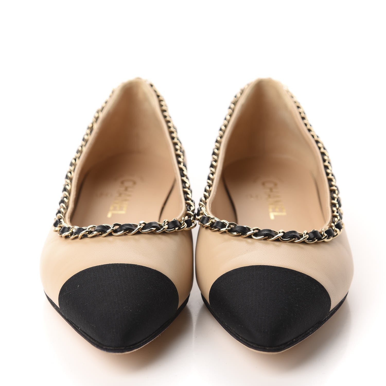 Chanel Lambskin Grosgrain Chain Cap Toe Flats 37 Beige Black 2 of 9