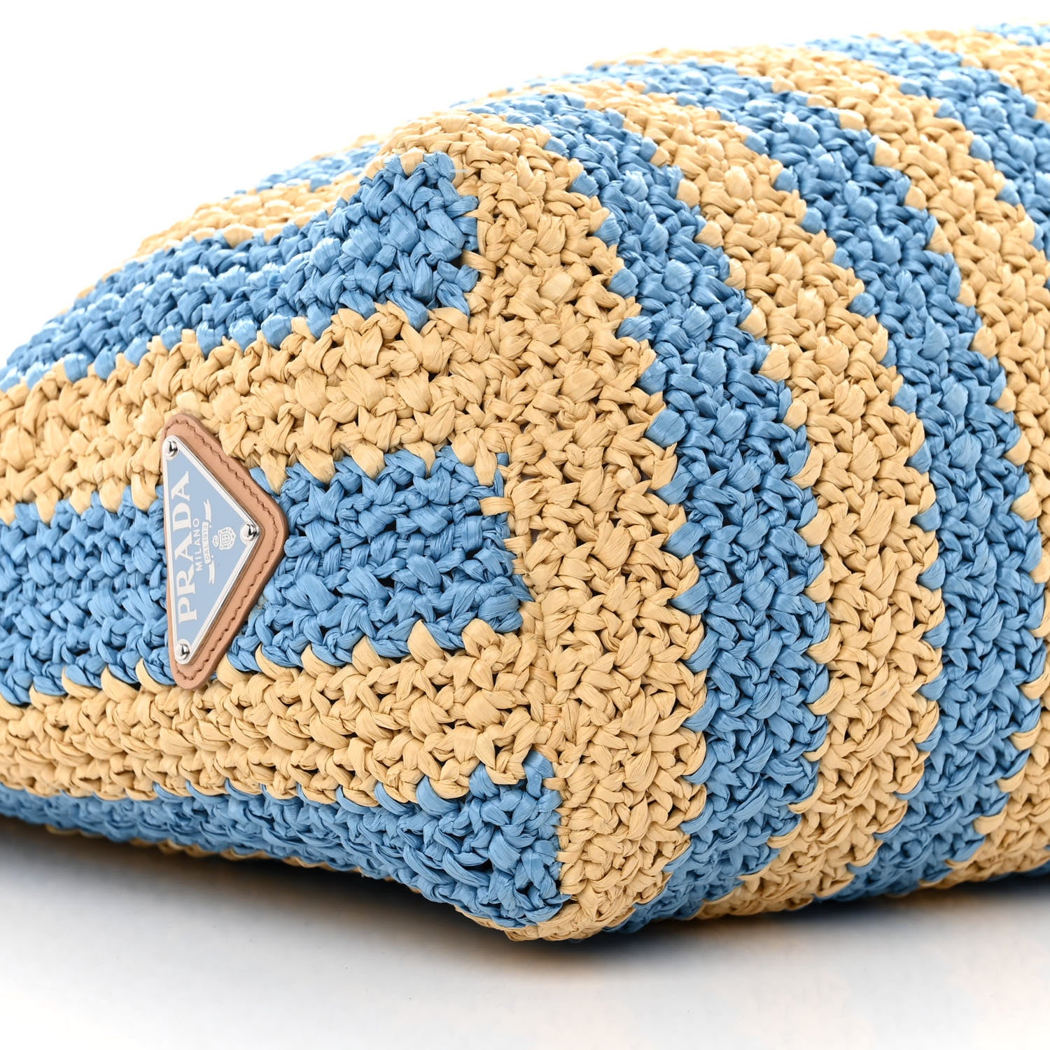 Prada Yarn Raffia Effect Crochet Striped Large Logo Tote Naturale Celeste 9 of 10