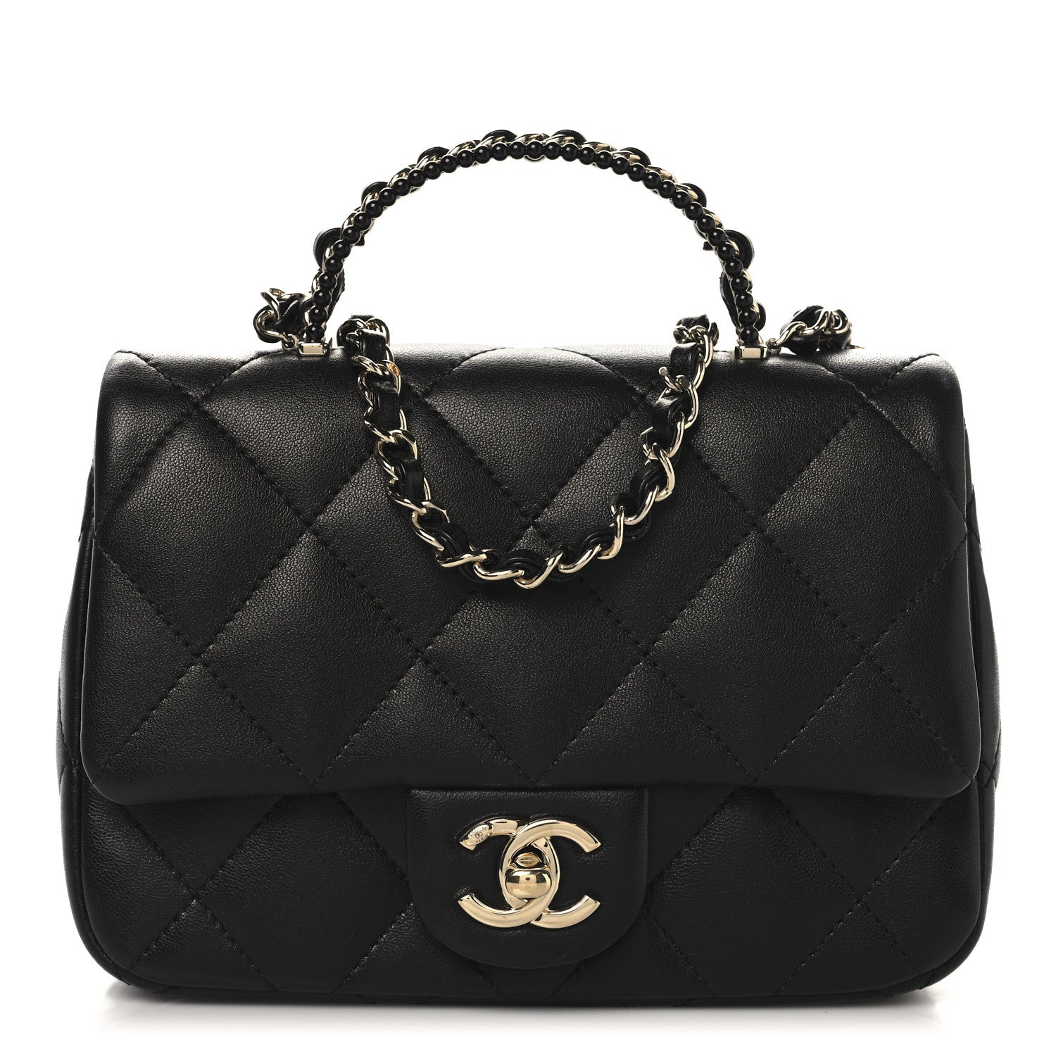 Chanel Lambskin Quilted Resin Pearl Chain Top Handle Flap Black 1 of 10