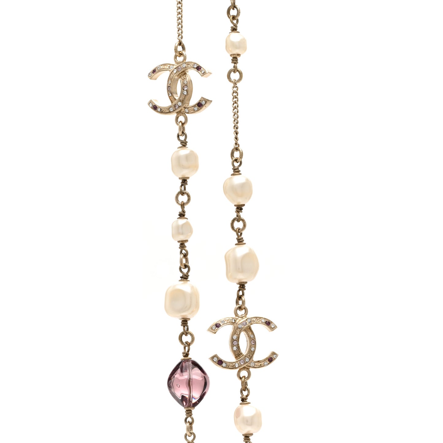 Beaded Pearl Crystal CC Long Strand Necklace Gold Purple