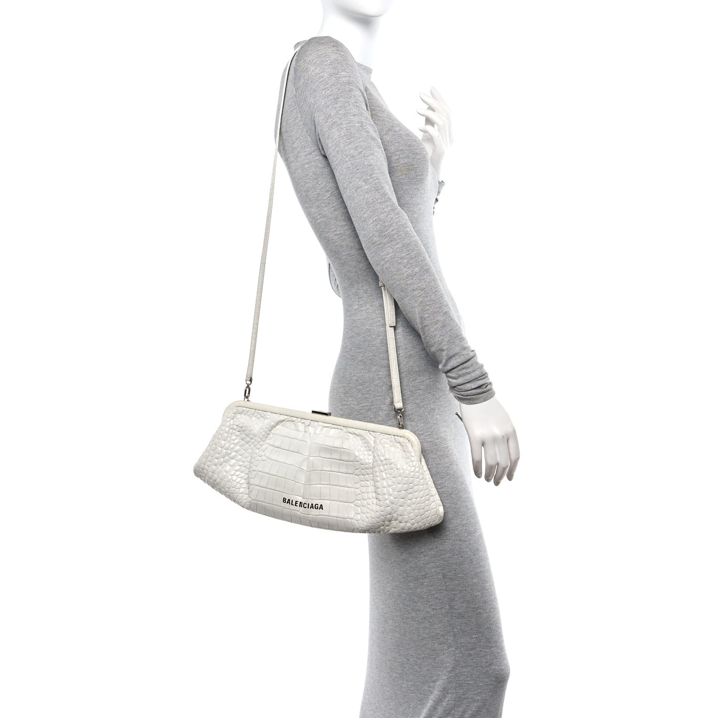 Shiny Supple Calfskin Logo Crocodile Embossed XL Cloud Clutch White
