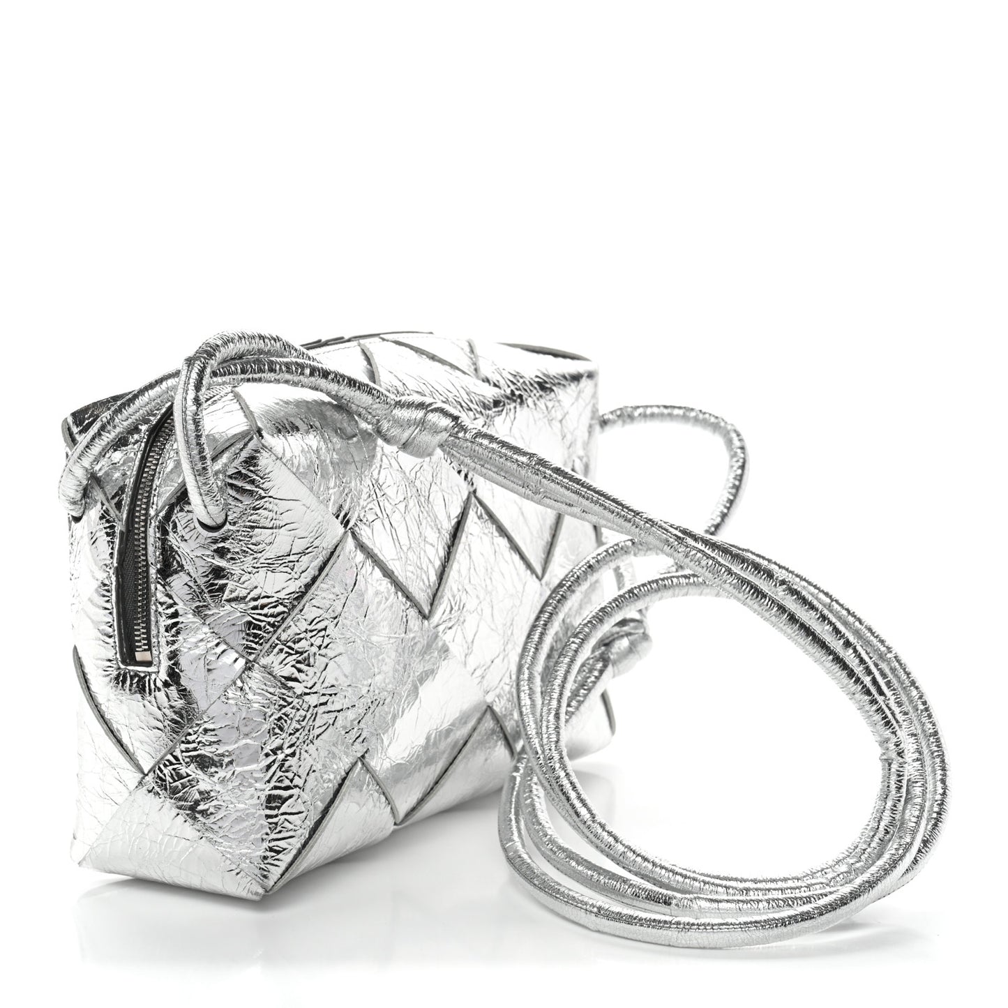 Metallic Crinkled Lambskin Maxi Intrecciato Small Cassette Camera Bag Silver