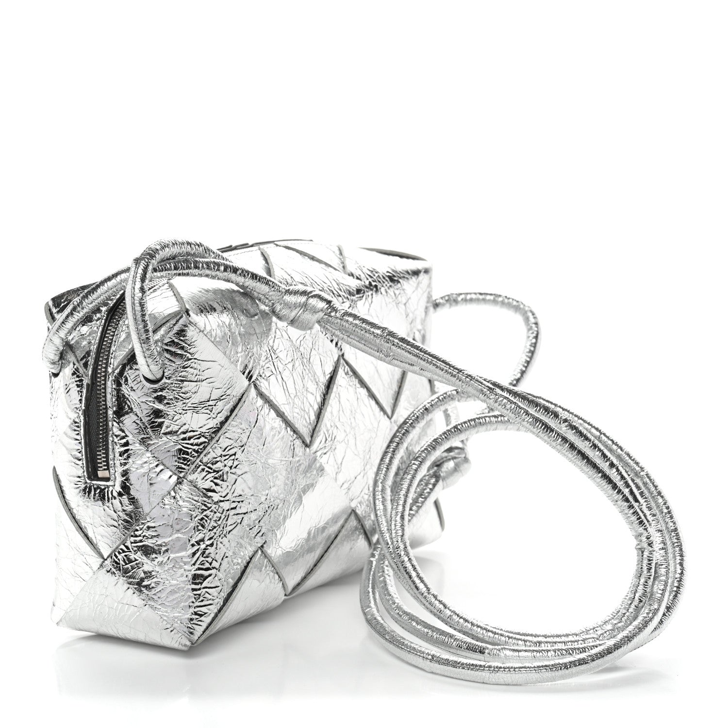 Bottega Veneta Metallic Crinkled Lambskin Maxi Intrecciato Small Cassette Camera Bag Silver 3 of 9