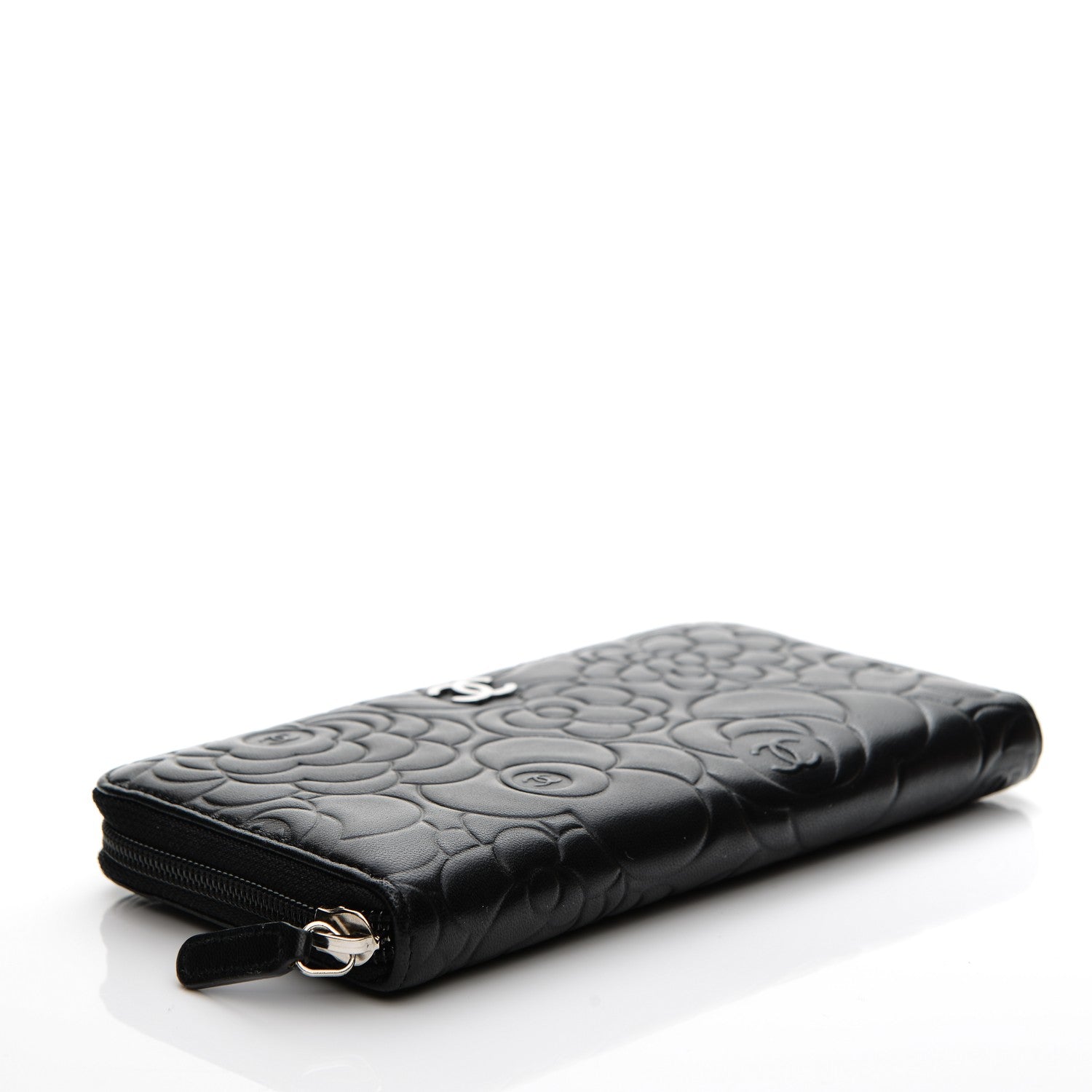 Chanel Lambskin Camellia Embossed Large Zip Around Gusset Wallet Black 4 of 8