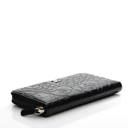 Chanel Lambskin Camellia Embossed Large Zip Around Gusset Wallet Black 4 of 8