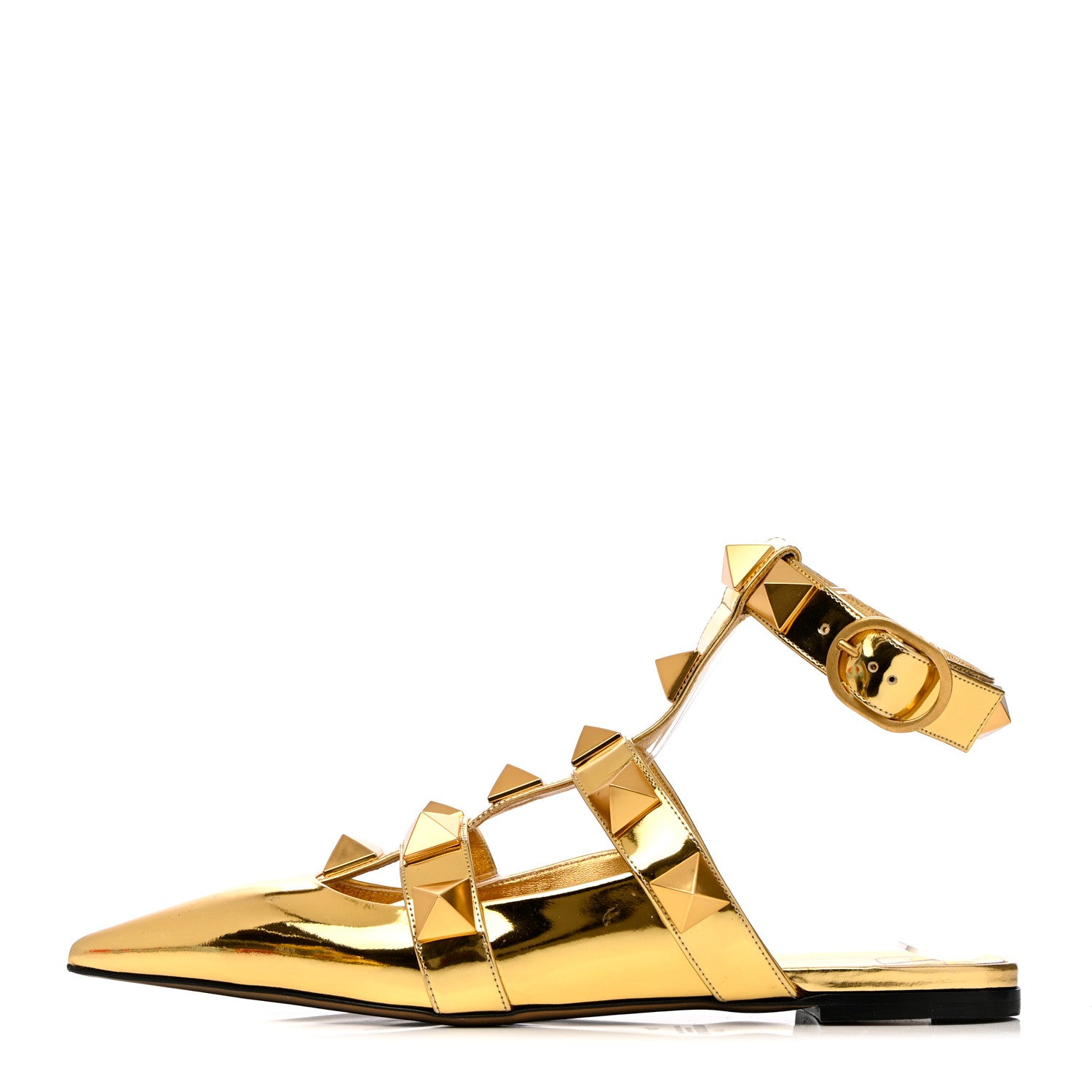 Valentino Garavani Metallic Patent Roman Stud Ankle Strap Flat Mules 41 Antique Brass 1 of 12