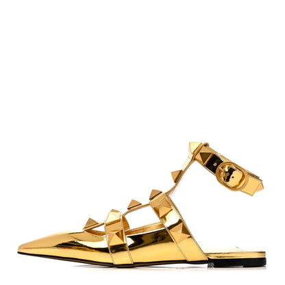 Valentino Garavani Metallic Patent Roman Stud Ankle Strap Flat Mules 41 Antique Brass 1 of 12