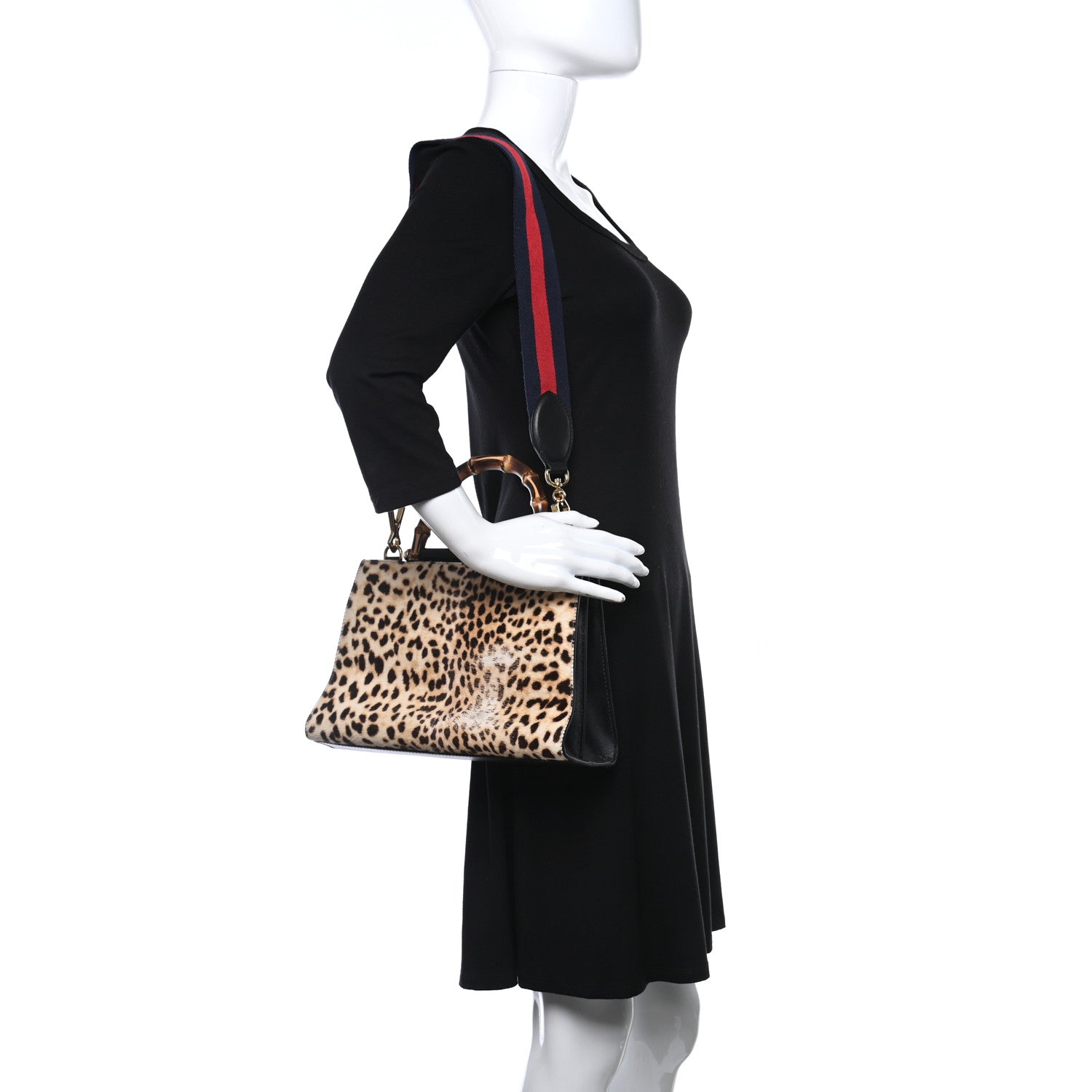 Gucci Calf Hair Bamboo Web Leopard Print Small Nymphaea Top Handle Bag Black 2 of 12