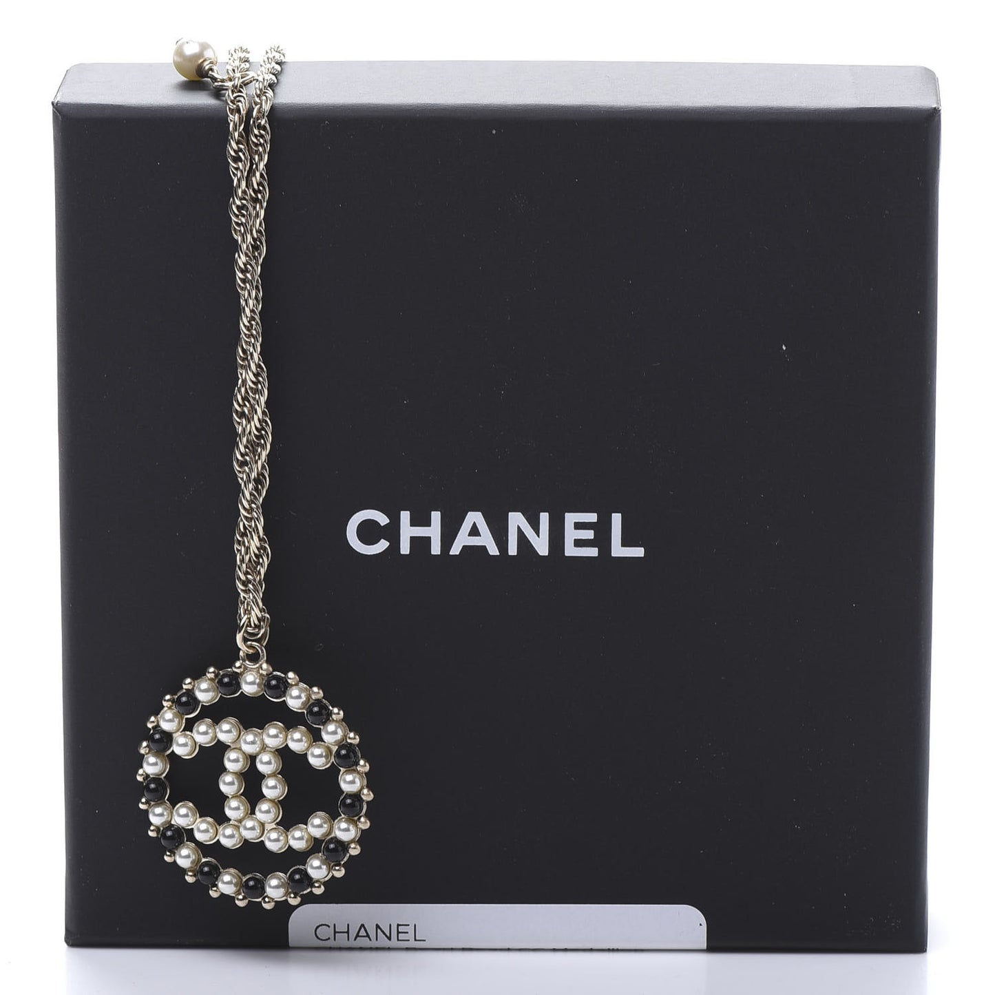 Pearl Bead CC Medallion Necklace Gold Pearly White Black