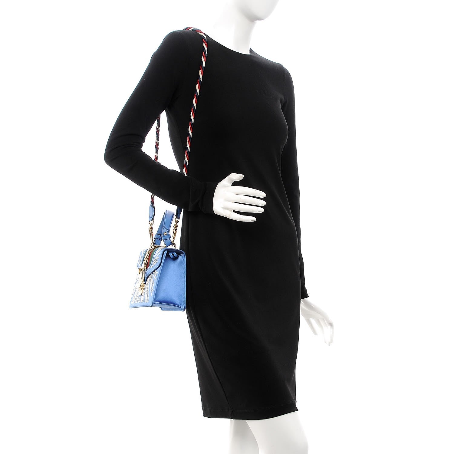 Gucci Satin Crystal Mini Sylvie Top Handle Bag Blue 3 of 8