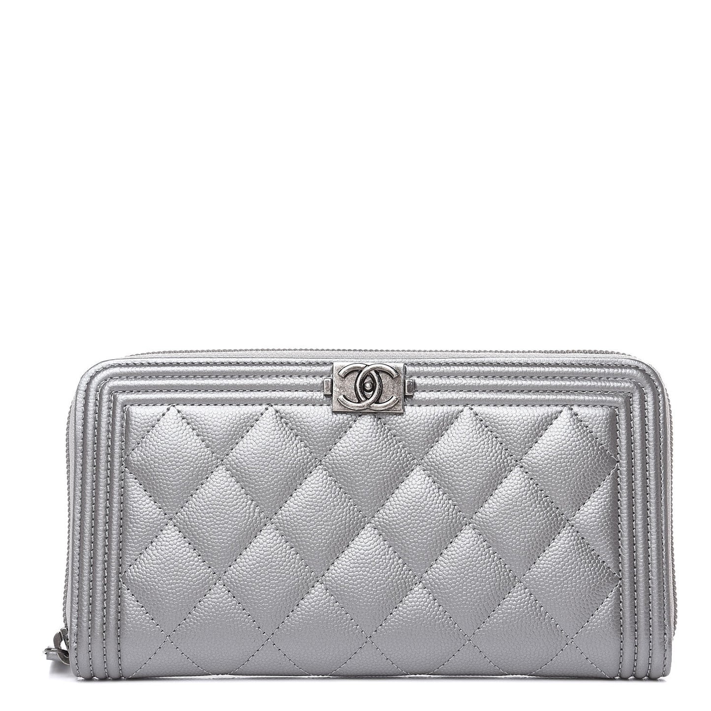 Metallic Caviar Quilted Boy L-Gusset Zip Wallet Silver