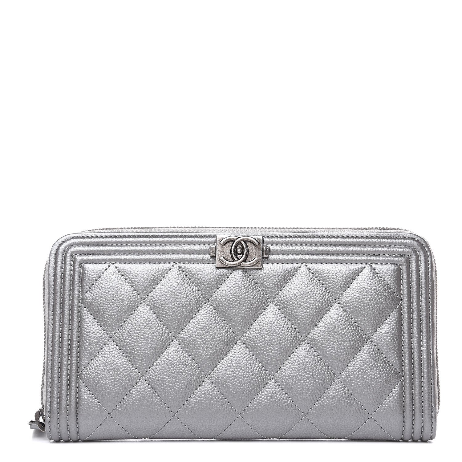 Chanel Metallic Caviar Quilted Boy L-Gusset Zip Wallet Silver 1 of 9