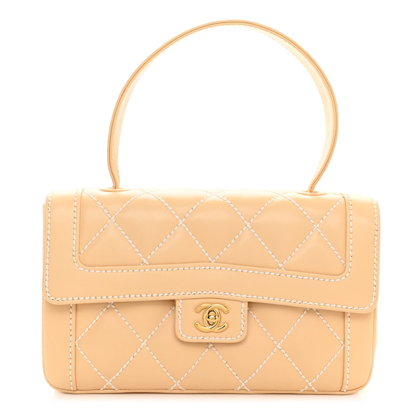 Calfskin Quilted Wild Stitch Top Handle Flap Beige