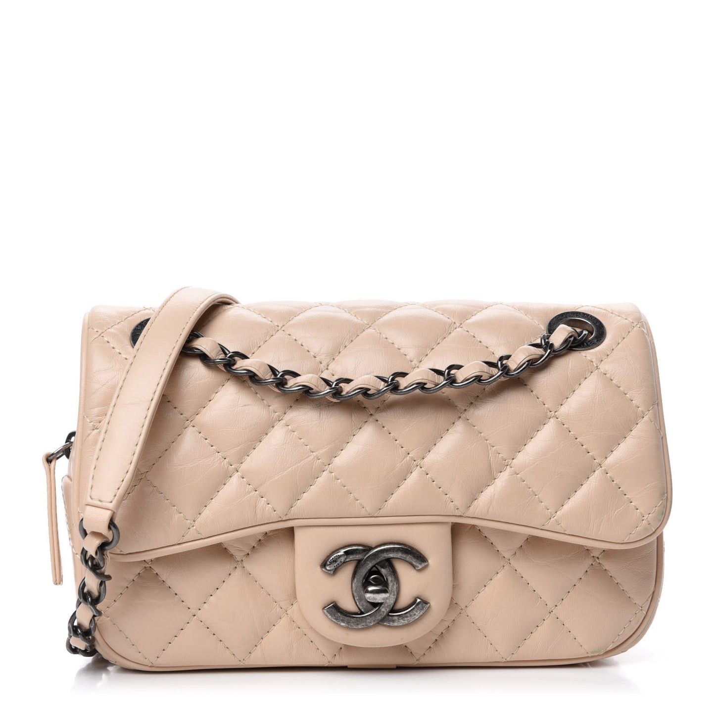 Aged Calfskin Quilted Small Easy Flap Beige