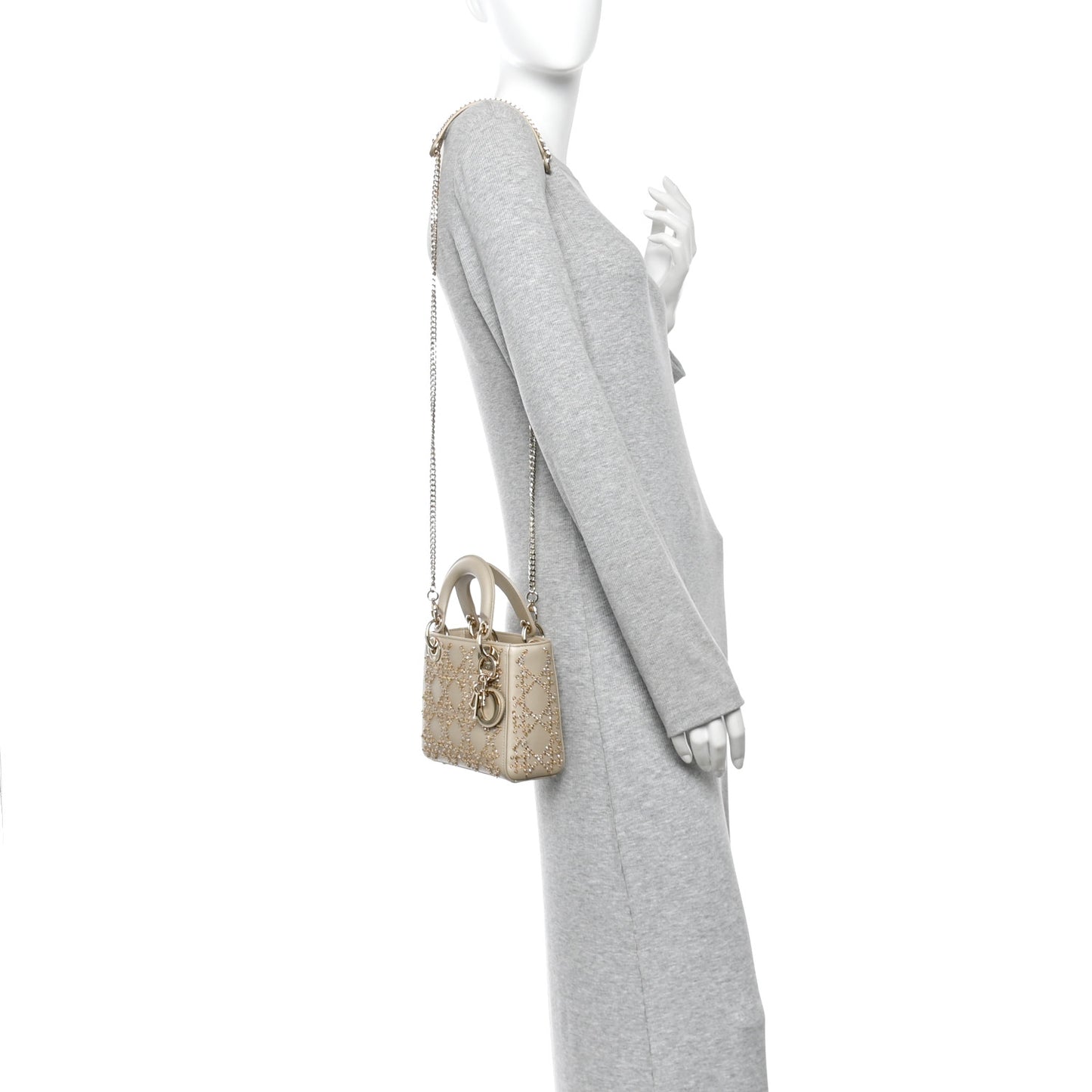 Metallic Lambskin Crystal Cannage Mini Lady Dior Platinum