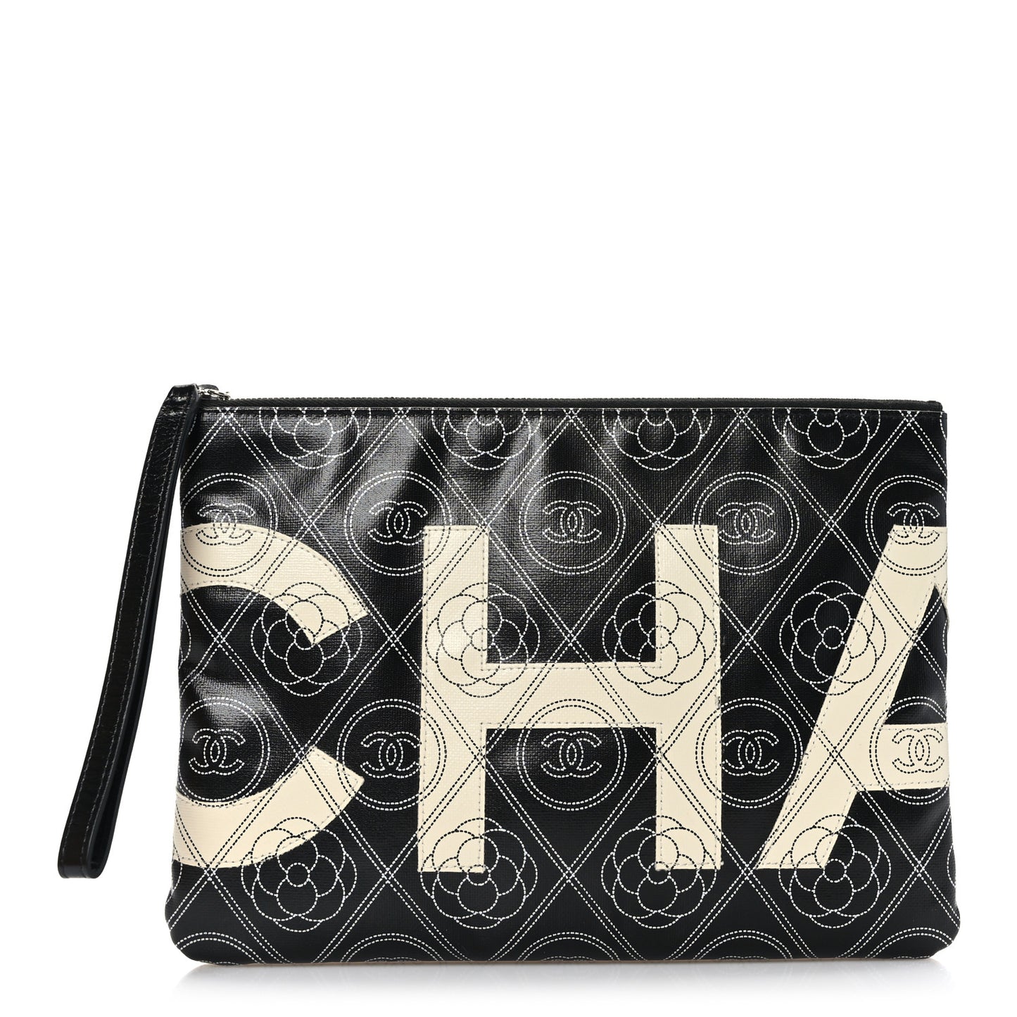Coated Canvas Calfskin Camellia Printed Pouch Black Beige