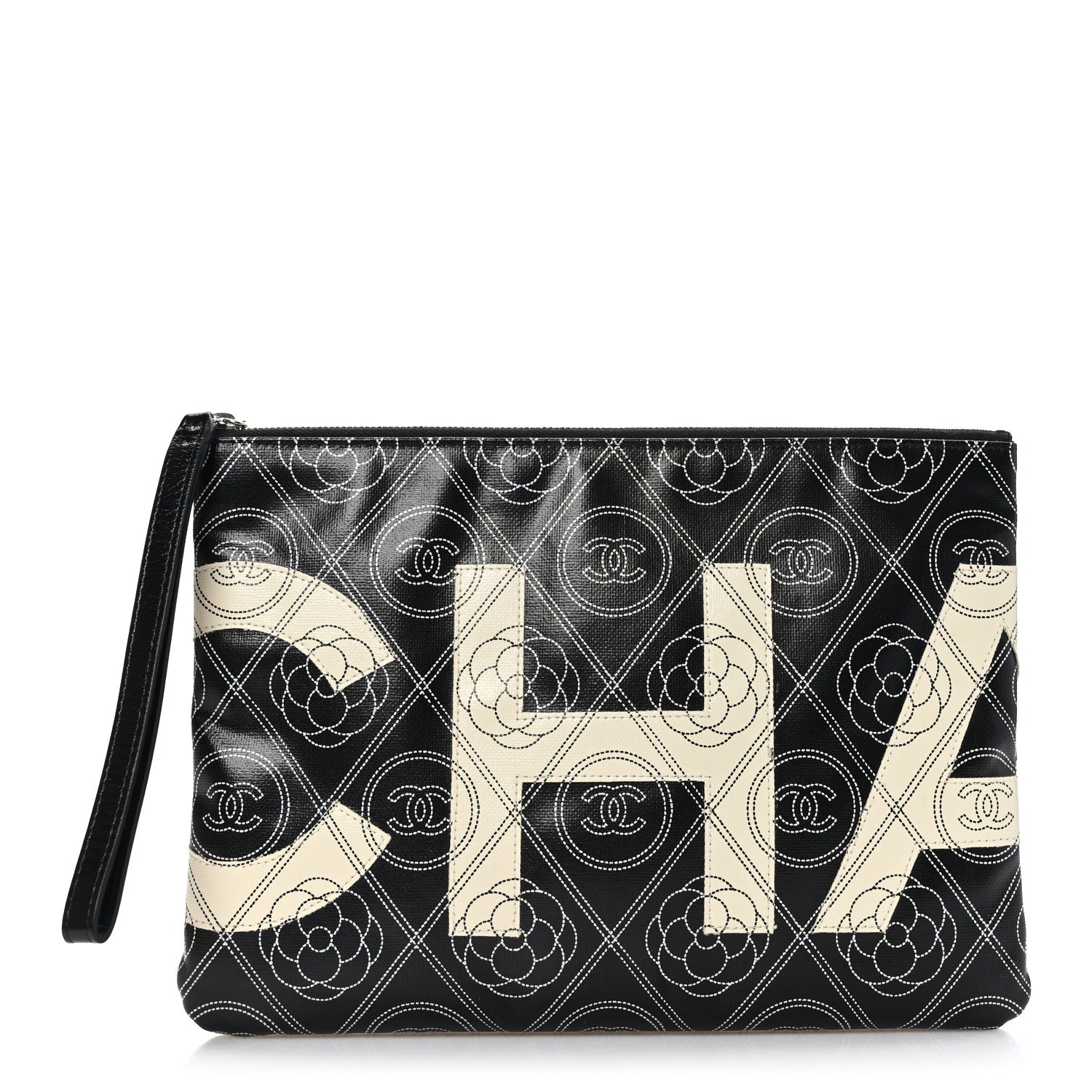 Chanel Coated Canvas Calfskin Camellia Printed Pouch Black Beige 1 of 7