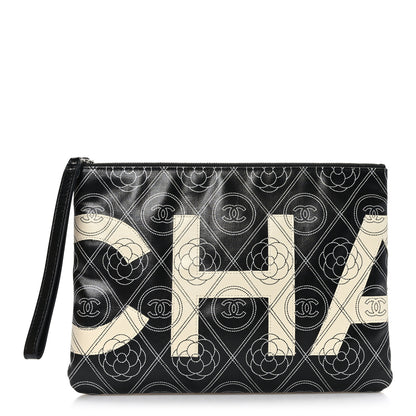 Chanel Coated Canvas Calfskin Camellia Printed Pouch Black Beige 1 of 7