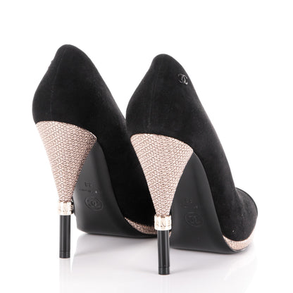 Chanel Suede Calfskin Satin Cap Toe CC Pumps 38 Black 4 of 8