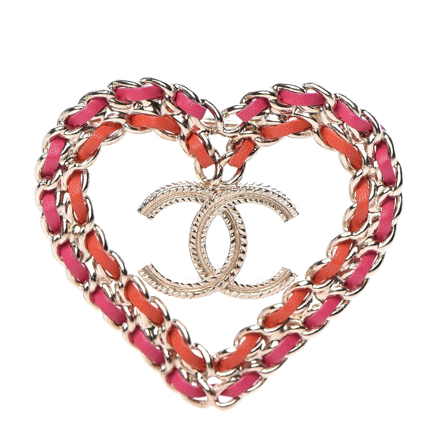 Metal Calfskin Braided Heart CC Brooch Pink Red Gold
