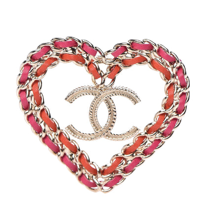 Chanel Metal Calfskin Braided Heart CC Brooch Pink Red Gold 1 of 5